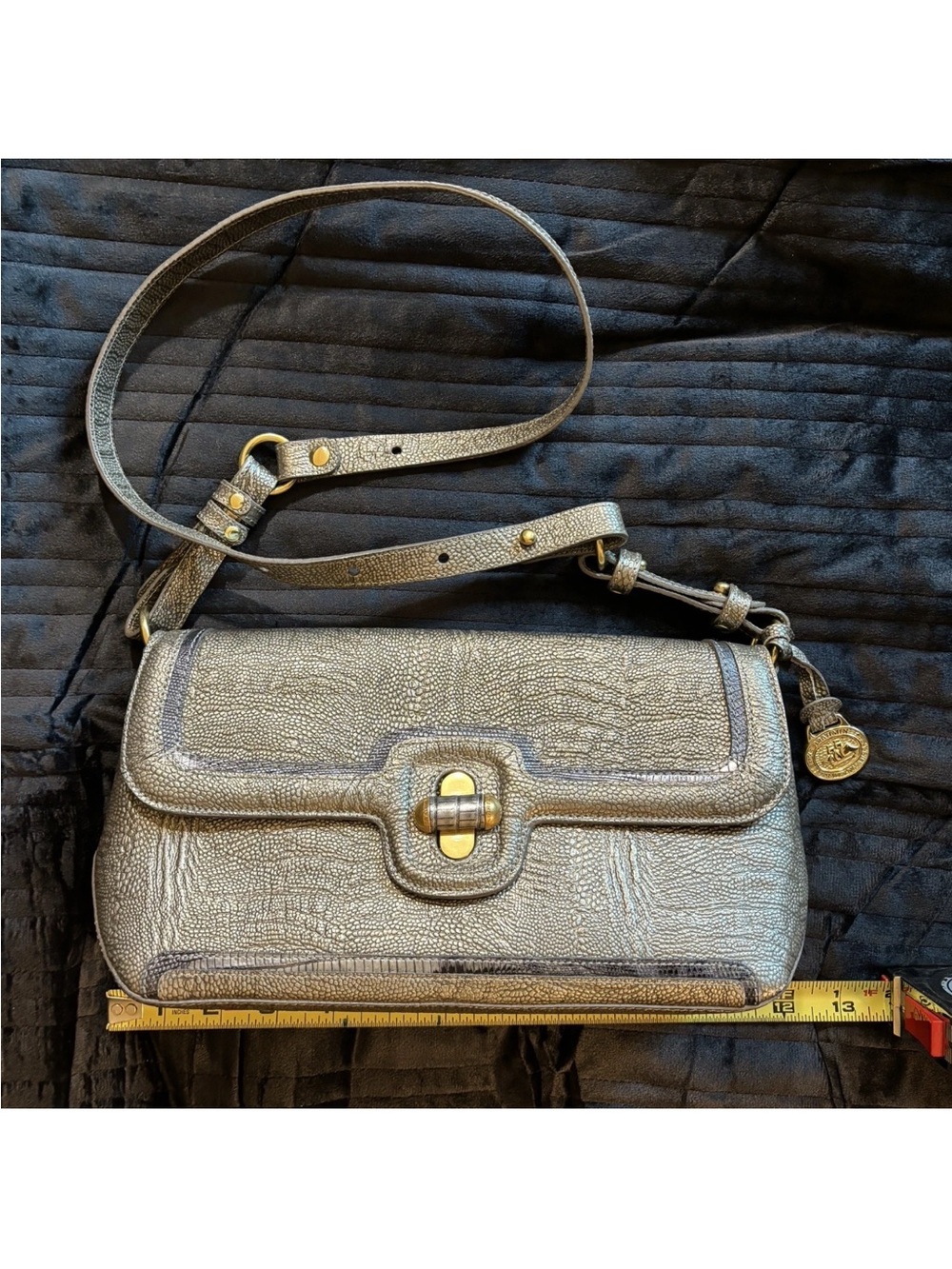 Brahmin Pewter Metallic Croc Embossed Leather Crossbody Bag Gold-Toned Hardware